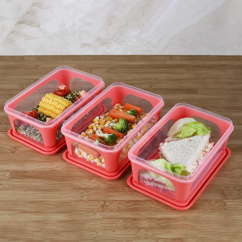 Unica 2K Rectangular Storage Container (Coral) 840 ml - Set of 3