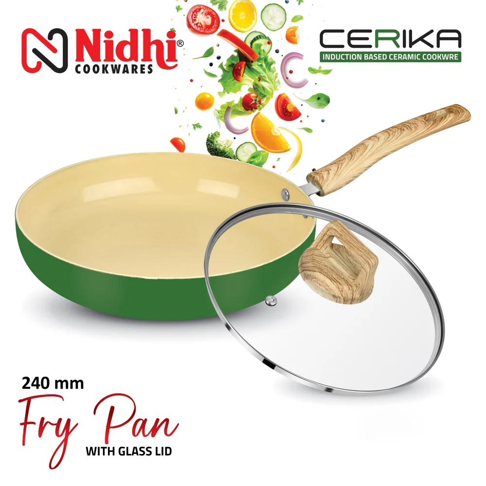 Nidhi Ceramic Fry Pan With Glass Lid - Green (24 cm)
