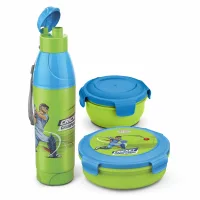 Asian Little Champions Set Lunch Box & Bottle (Green & Blue) - Set Of 3