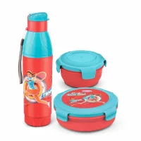 Asian Little Champions Set Lunch Box & Bottle (Saffron Red & Blue) - Set Of 3