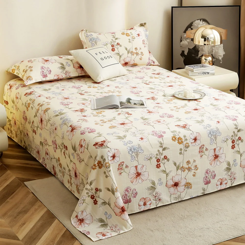 Story At Home Floral King Size Bedsheet 120 GSM (Off White & Red) - 250 x 270 cm
