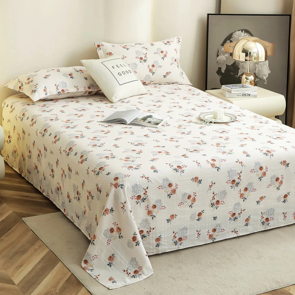 Story At Home Floral King Size Bedsheet 120 GSM (White & Brown) - 250 x 270 cm