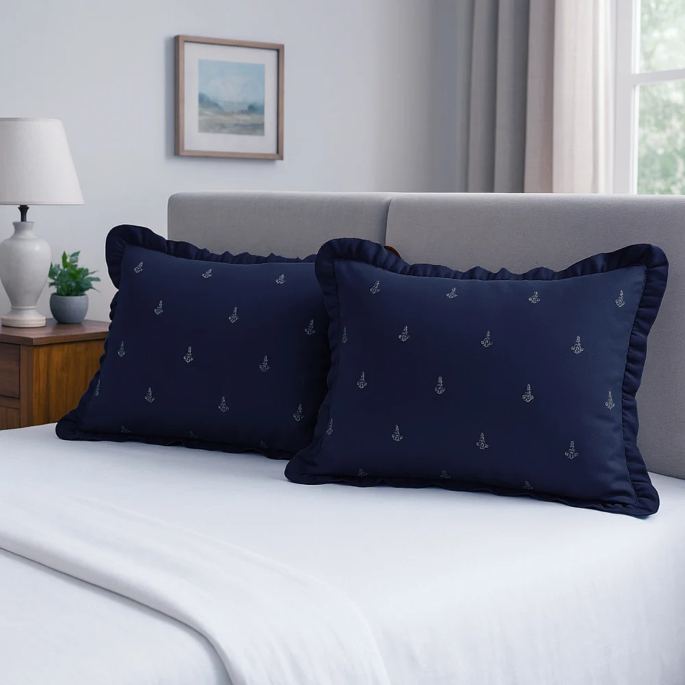 SC Cotton Embroidered Pillow Cover - Solid Blue (41×61 cm) Pack of 2
