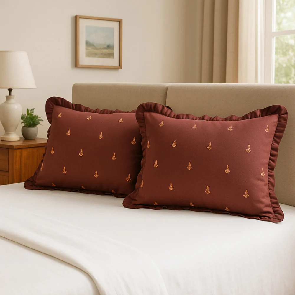 SC Cotton Embroidered Pillow Cover - Solid Brown (41×61 cm) Pack of 2