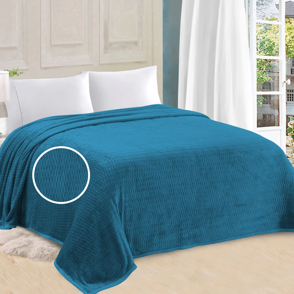 Sheetal World Afrin Combed Solid Checks Double Blanket - Royal Blue