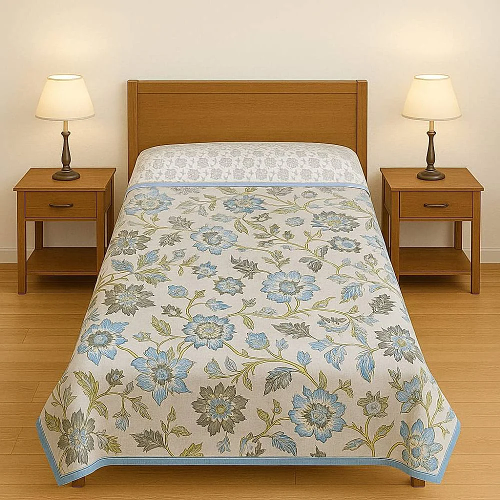 VAA Whispering Garden Cotton Single Reversible Dohar - Grey & White
