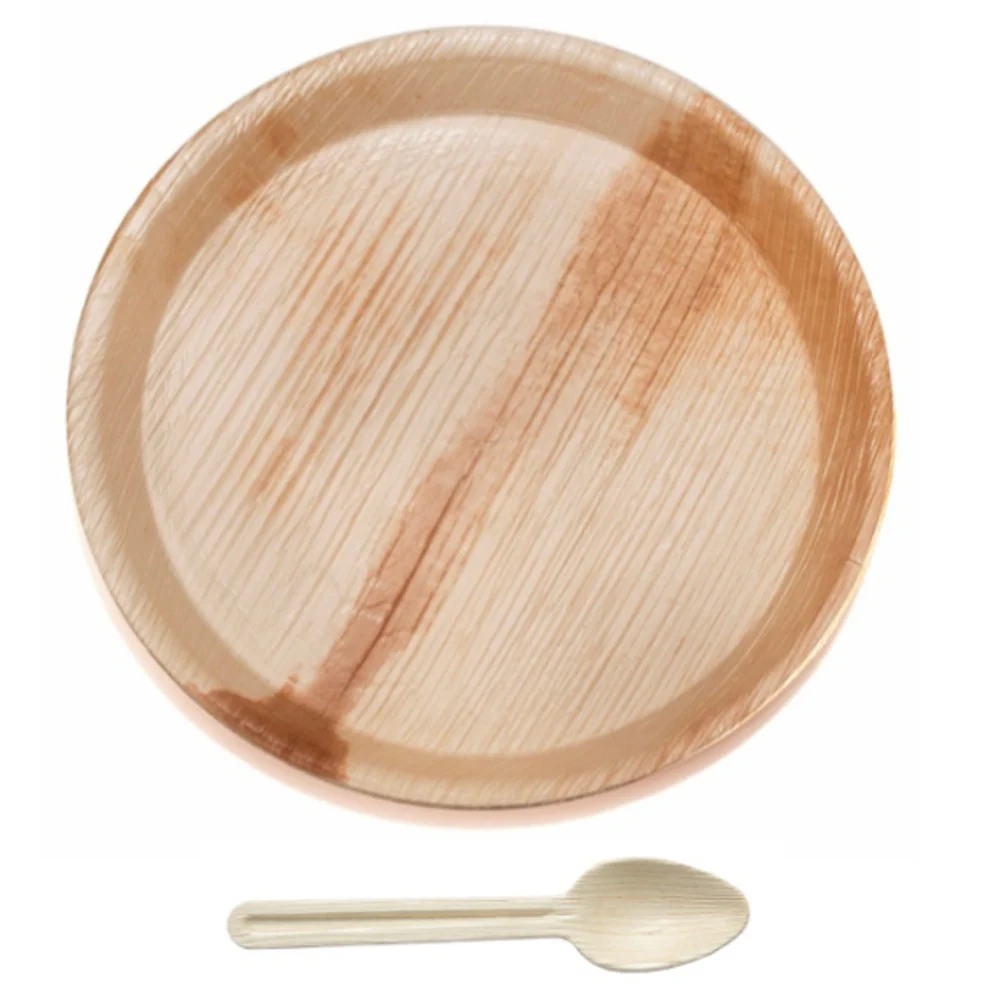 Tamul Disposable Round Areca Palm Leaf - 11 Inch Plates & 160 mm Spoon Set