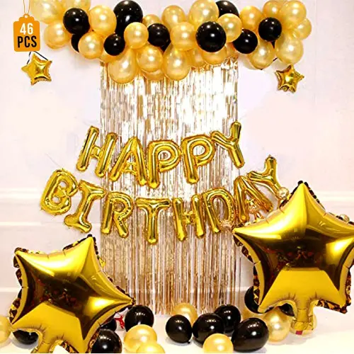 Manovedant Happy Birthday Decoration Kit with Curtains -Gold