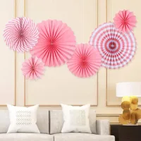 Manovedant Decorative Plain & Printed Paper Fans (Pink) - 6 Pieces