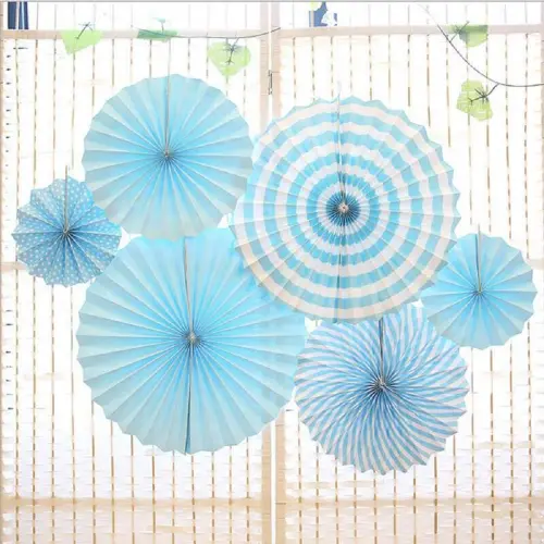 Manovedant Decorative Plain & Printed Paper Fans (Blue) - 6 Pieces