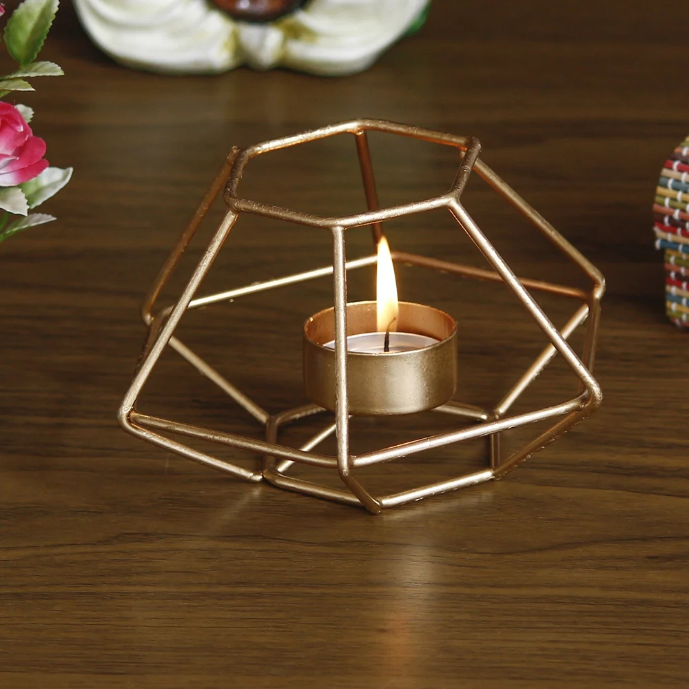 Ecraftindia Handcrafted Metal Tea Light Candle Holder -Golden