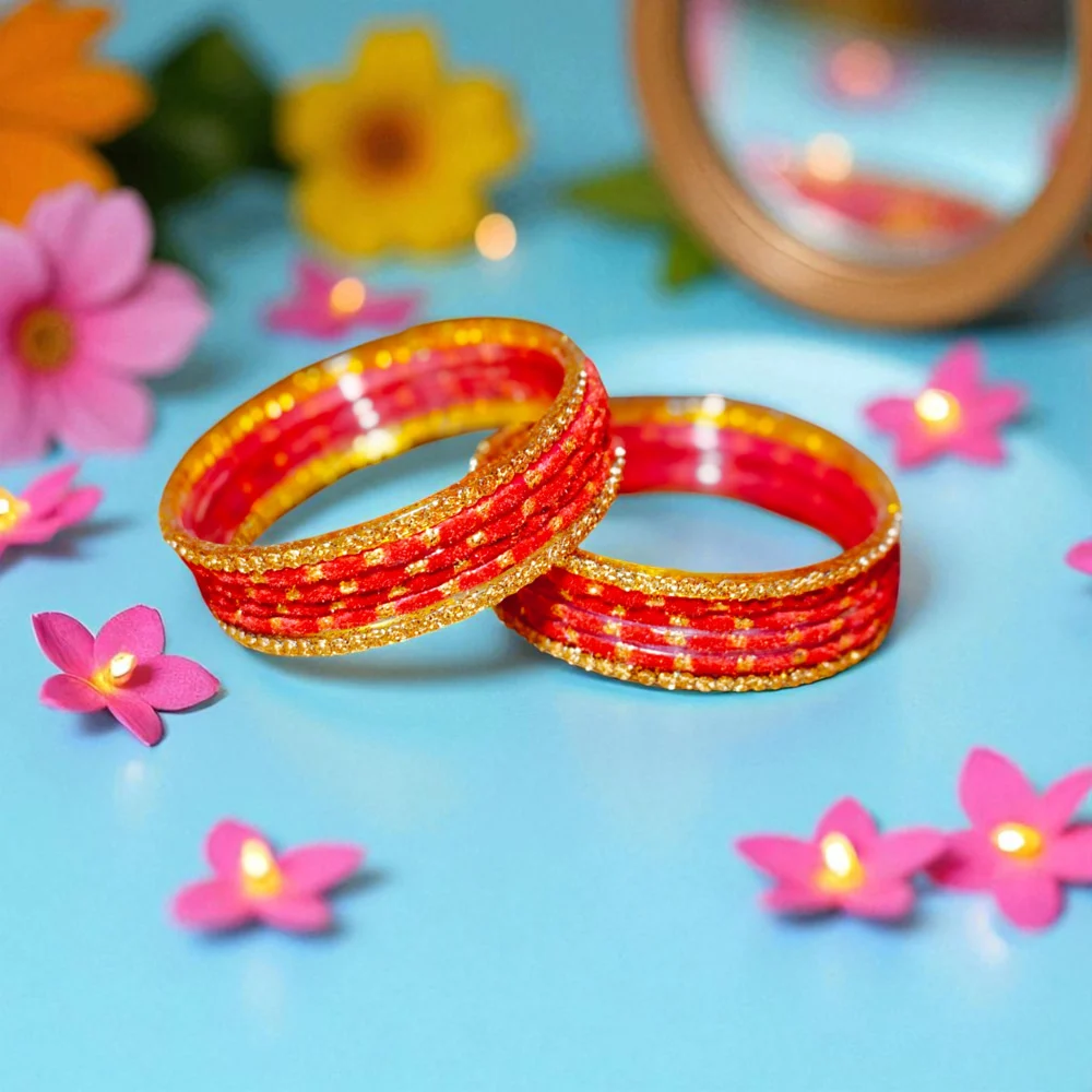 House Of Festival Red & Gold Glass Bangles Set Of 12 - Size 2.4