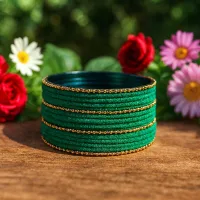 House Of Festival Green & Gold Metal Velvet Bangles Set Of 16 - Size 2.2
