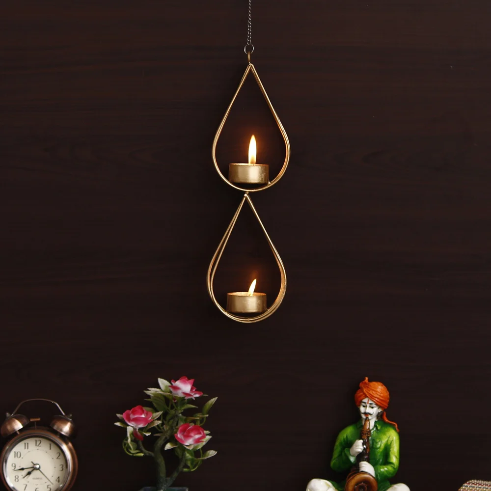 Ecraftindia Metal Hanging Tea Light Candle Holder - Golden