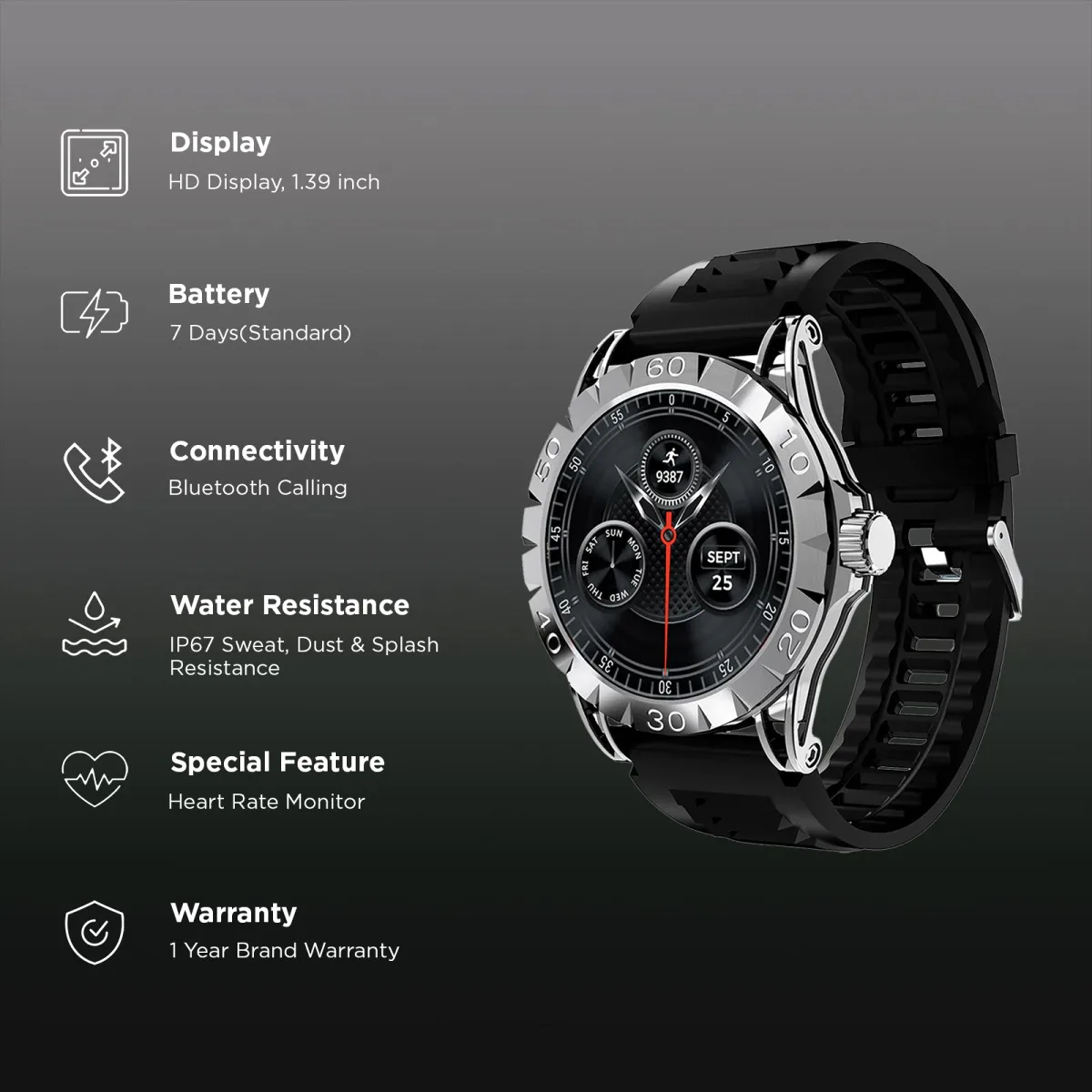 boAt Enigma Orion Smartwatch with Bluetooth Calling (35.3mm HD Display, IP67 Water Resistant, Active Black Strap)