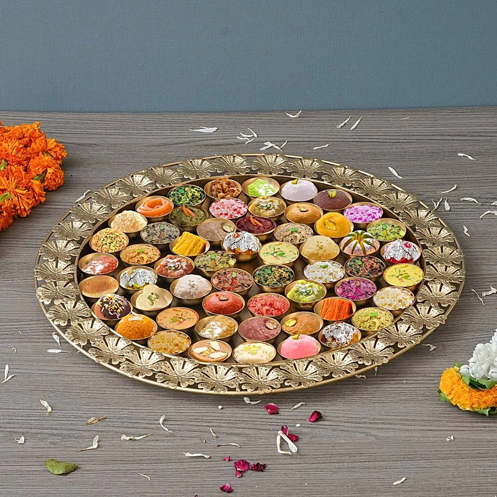 eCraftindia Metal Handcrafted Floral Designer 56 Bhog Thali - Golden