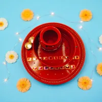 House Of Festivals Red & Beautiful Gold Karvachauth Thali Set