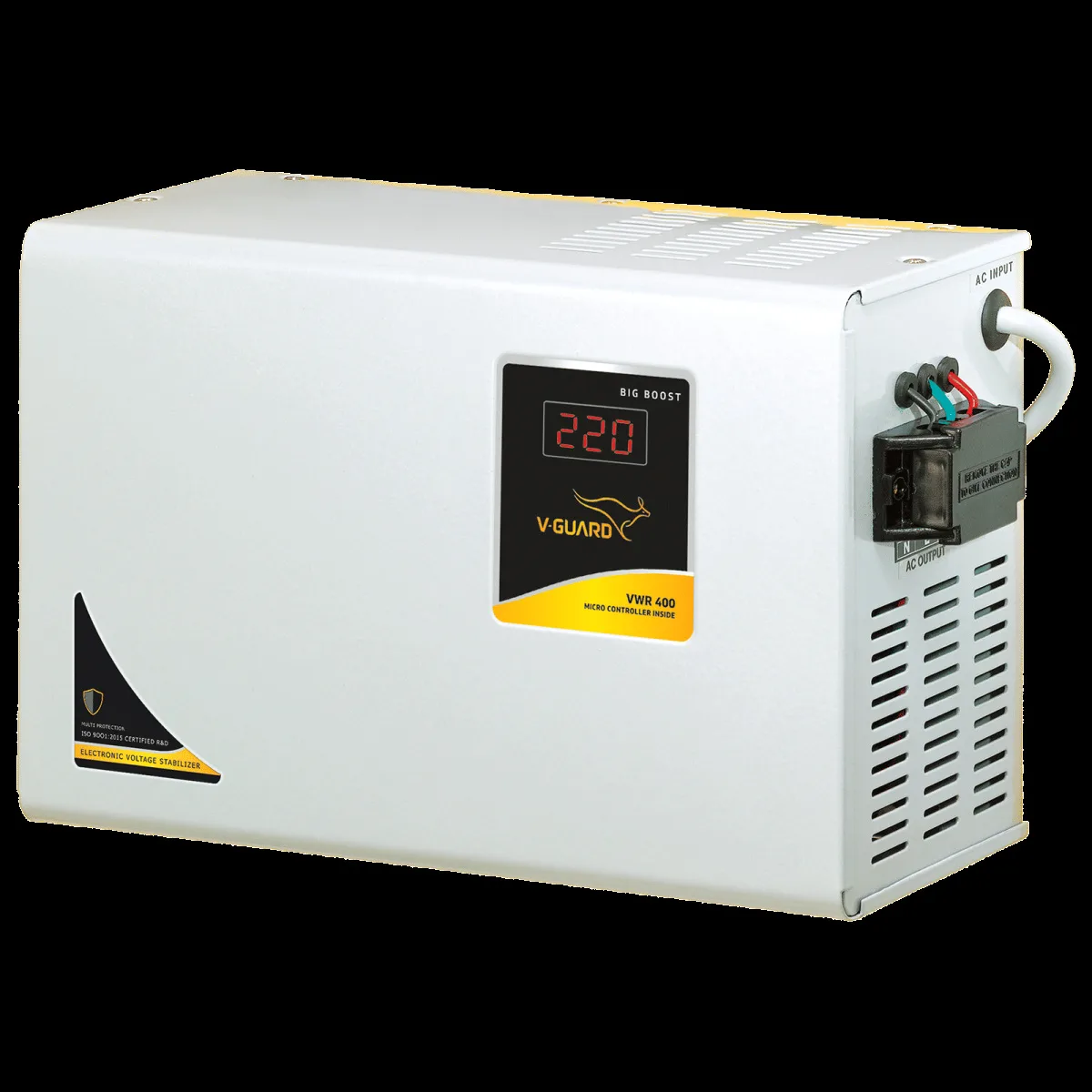 V-GUARD 12 Amps Voltage Stabilizer For Up to 1.5 Ton Air Conditioner (130 - 300 V, Built-In Thermal Overload Protection, VWR 400, Grey)
