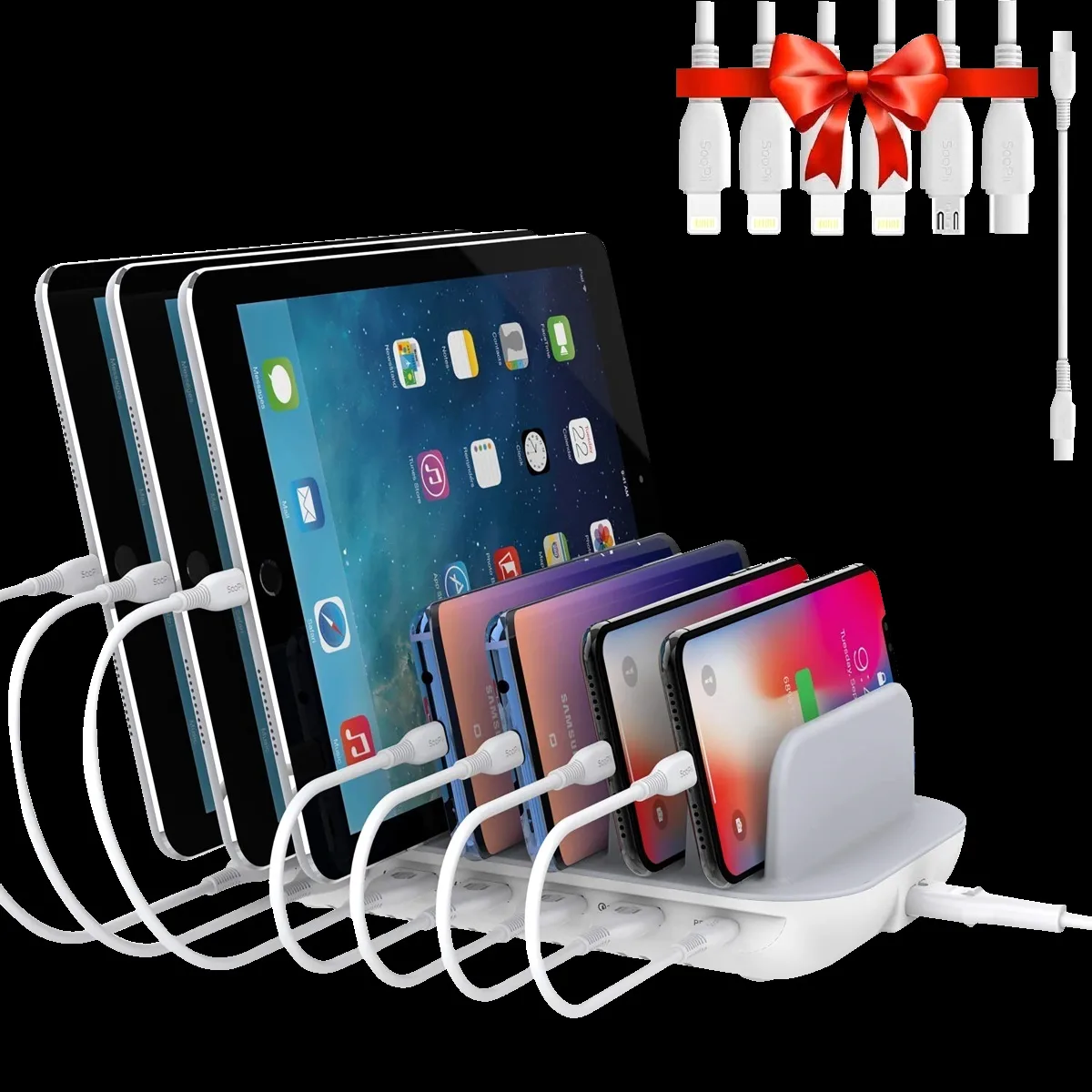 Soopii 70W Type A & Type C 7-Port Fast Charging Station (Type A to Type C, Type A to Micro USB & Type A to Lightning Cable, Quick Charge 3.0, White)