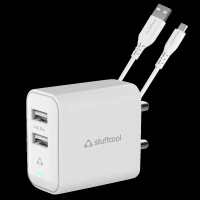 Stuffcool Flow Type A 2-Port Fast Charger (Type A to Micro USB Cable, Auto Detect Smart IC, White)