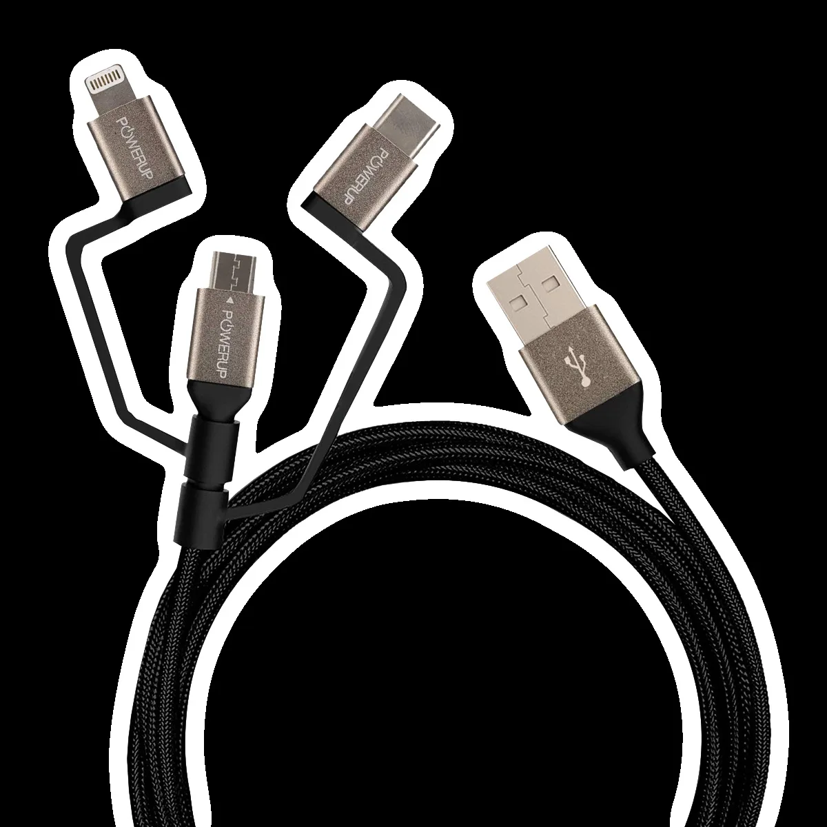 POWERUP Type A to Type C, Micro USB, Lightning 4.9 Feet (1.5M) 3-in-1 Cable (Anodised Aluminium Head, Black)