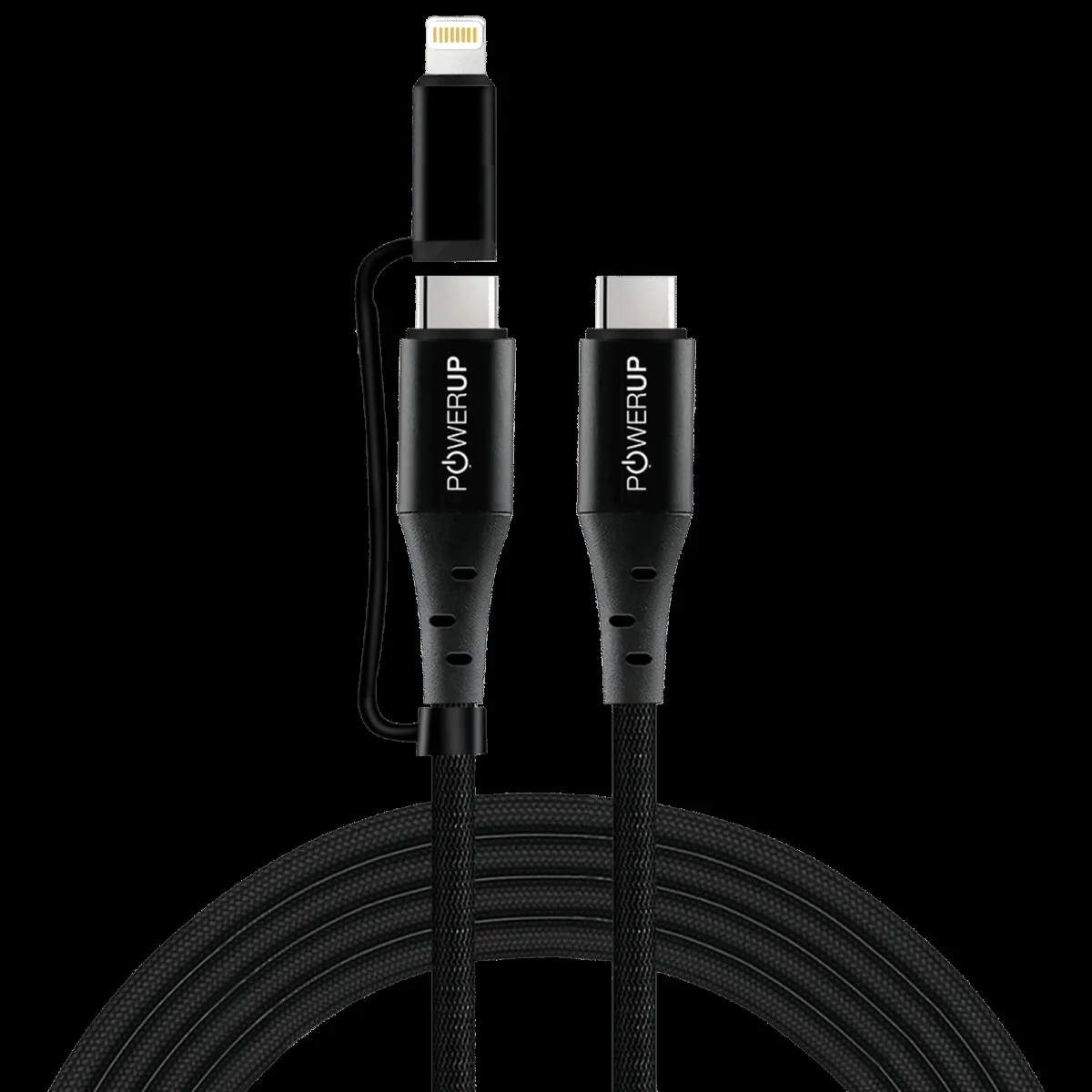 POWERUP Type C to Type C, Lightning 5 Feet (1.5M) 2-in-1 Cable (Tangle-free Design, Black)