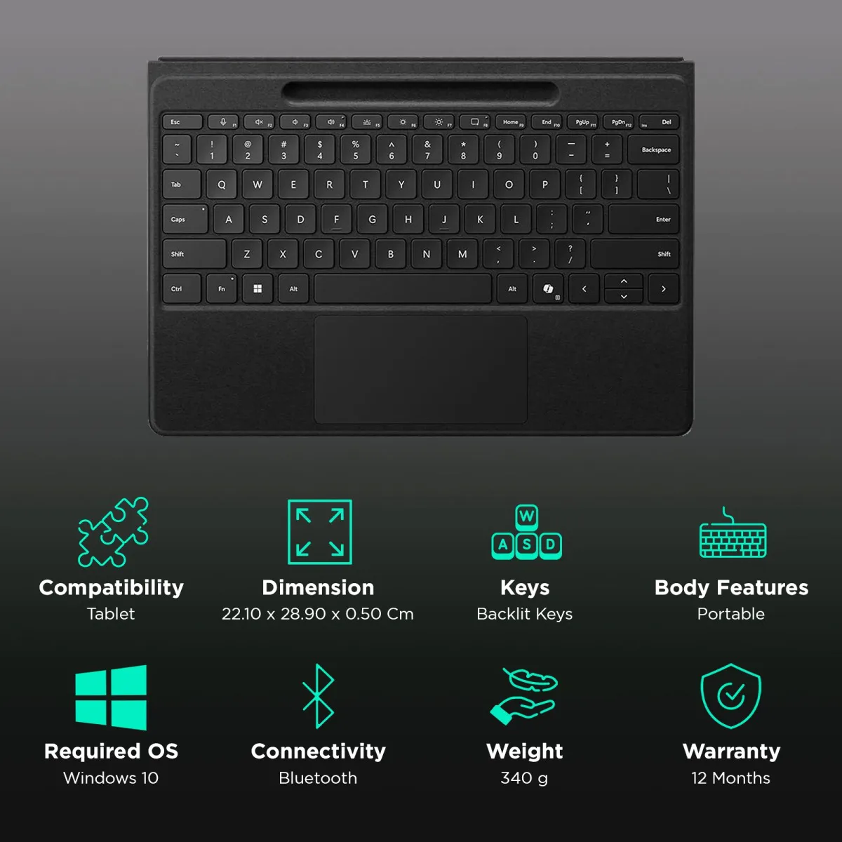 Microsoft EP2-01740 Bluetooth Keyboard for Surface Pro (11th Gen) with Pen Storage (78 Backlit Keys, Black)