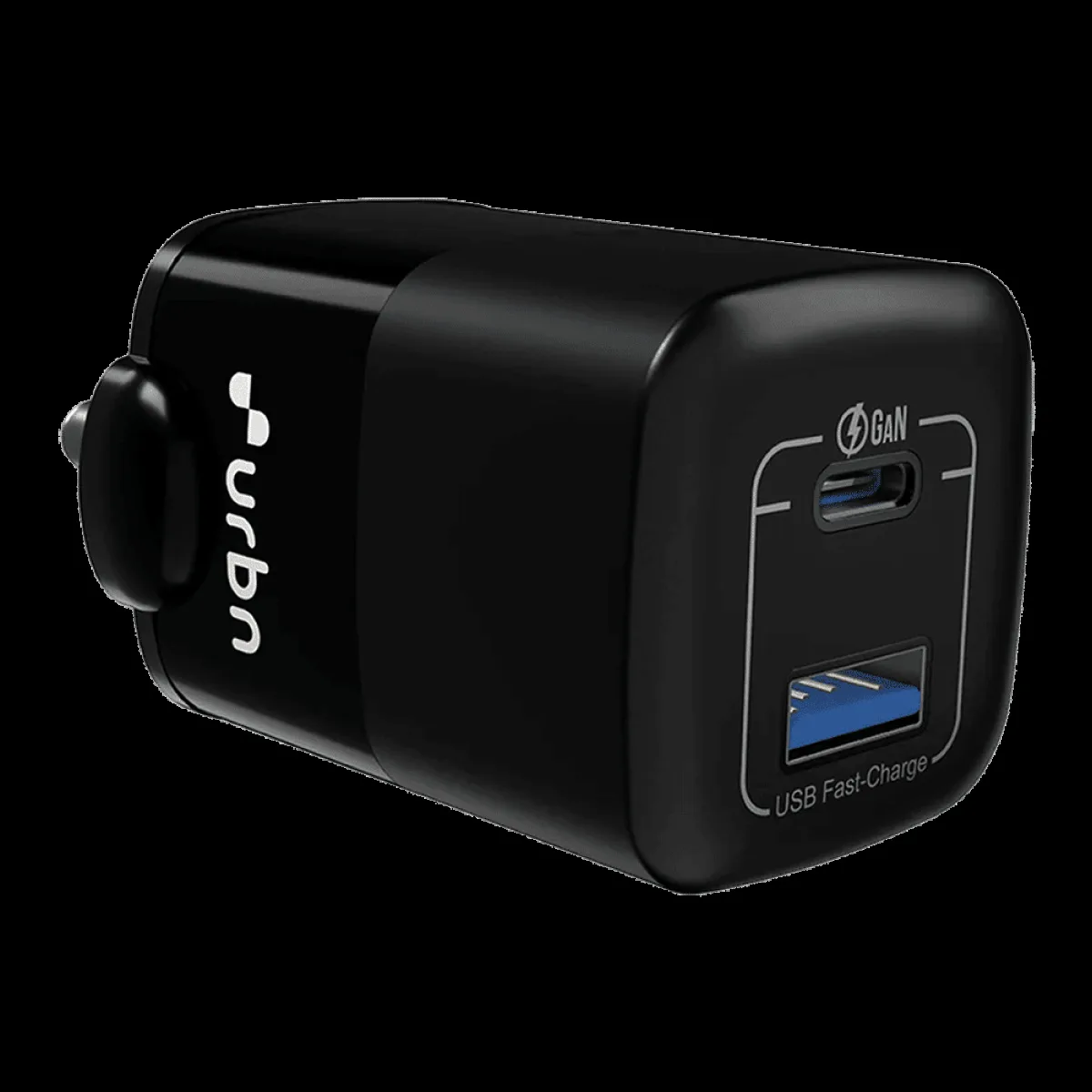 urbn Nano Bolt 65W Type A & Type C 2-Port Fast Charger (Adapter Only, GaN Pro Technology, Black)