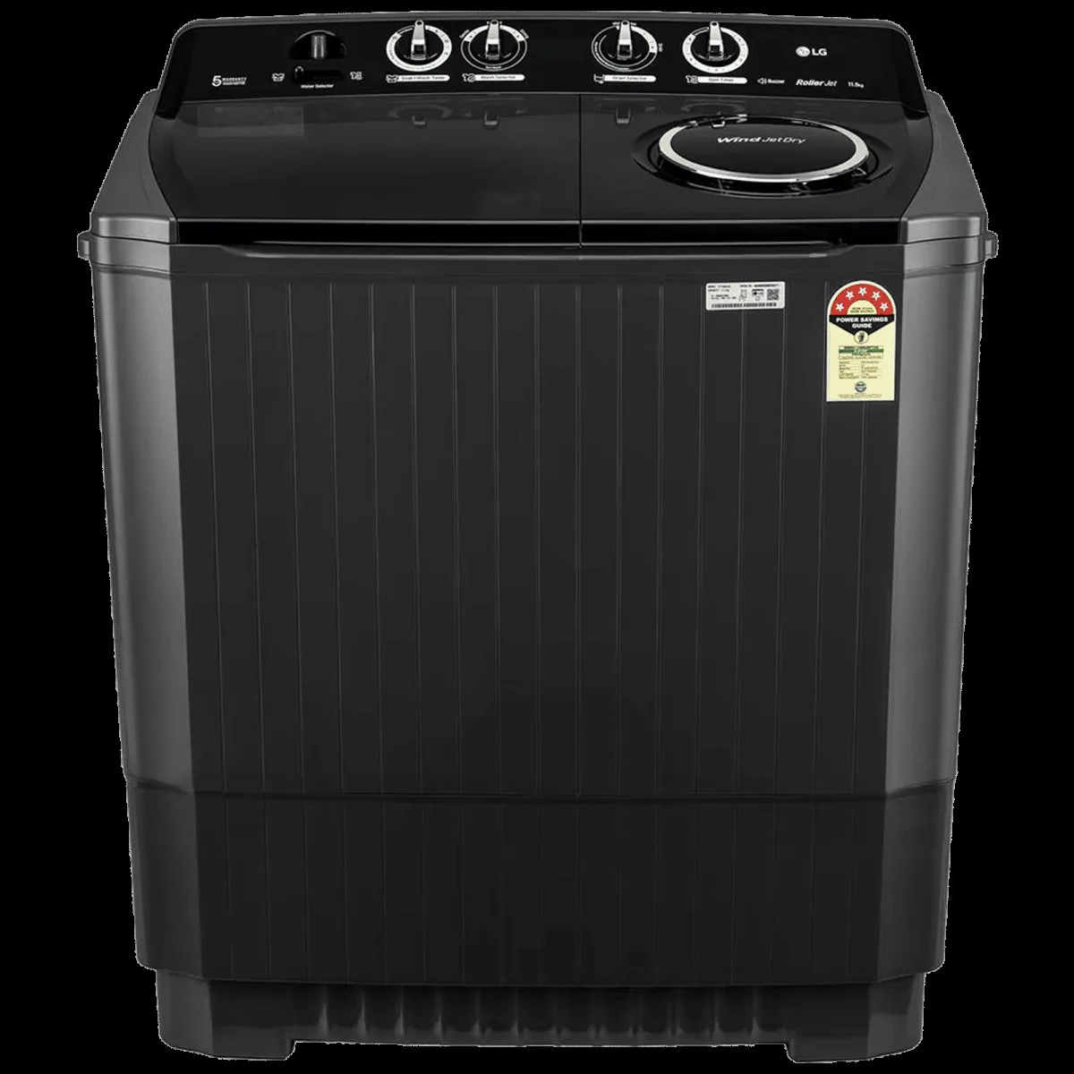 LG 11.5 kg 5 Star Semi Automatic Washing Machine with Wind Jet Dry Technology (P115ASLAZ, Full Black)