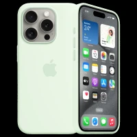 Apple Soft Silicone Back Cover for Apple iPhone 15 Pro Max (Supports Wireless Charging, Soft Mint)
