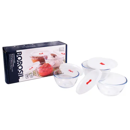 Borosil Mixing Glass Bowl With White Lid - Set of 3