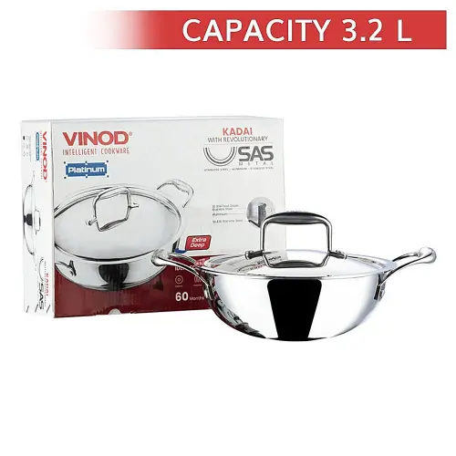 Vinod Platinum Stainless Steel Triply Kadai With Lid (24 cm) - 3.2 L