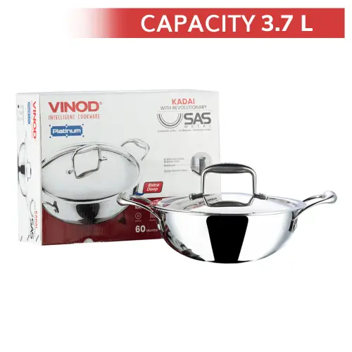 Vinod Platinum Stainless Steel Triply Kadai With Lid (26 cm) - 3.7 L