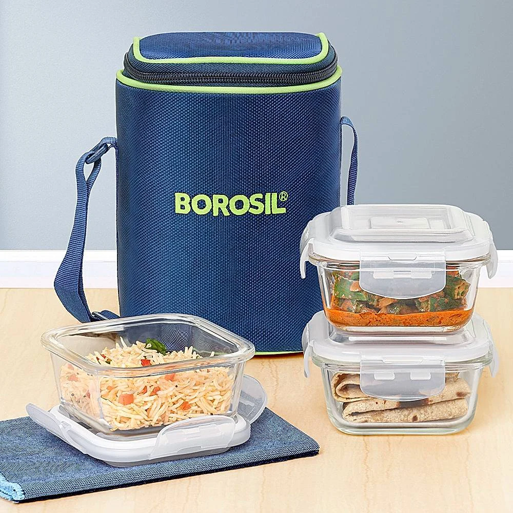 Borosil Klip- N- Store Square Glass Lunch Box - 3 Units