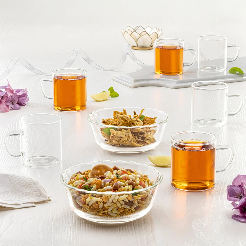 Borosil Grace Glass Bowls & Mugs - (6 Pieces)