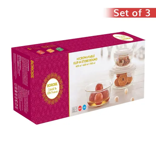 Borosil Klip N Store Round Glass Container - Set of 3