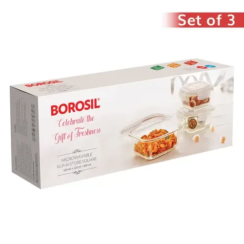 Borosil Klip N Store Square Glass Container - Set of 3