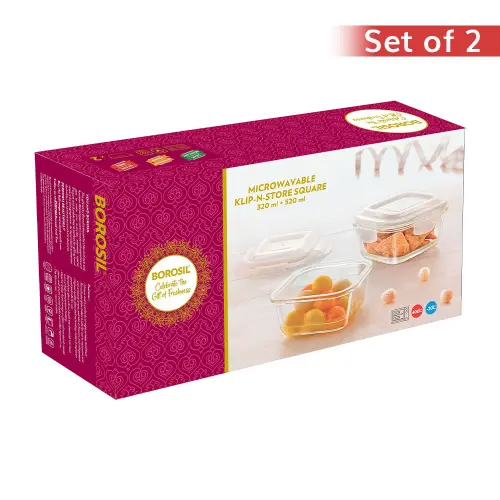 Borosil Klip N Store Square Glass Container - Set of 2