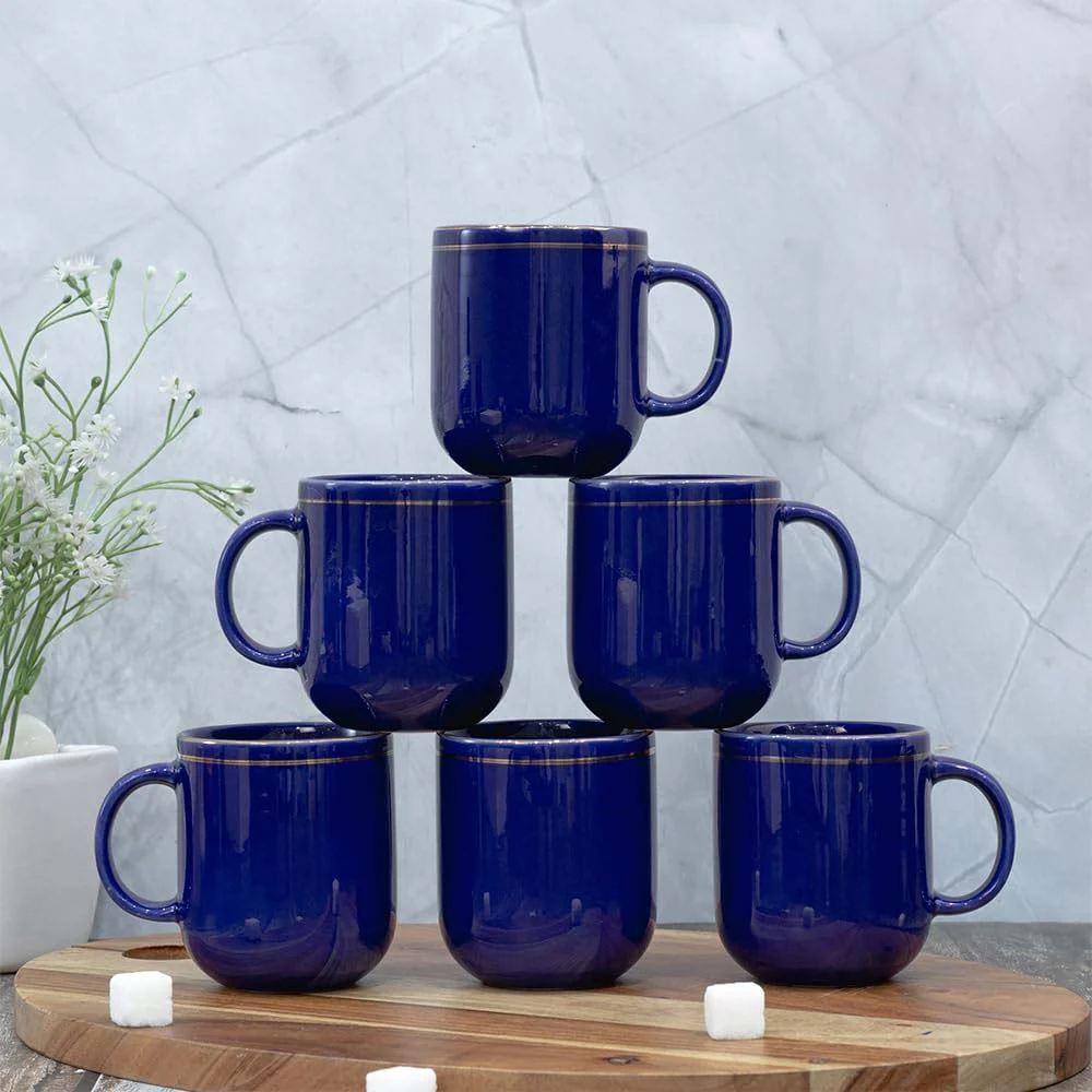 Femora Ceramic Gold Line Tea Cups (Blue) - 180 ml