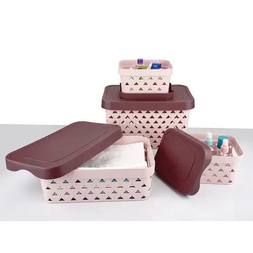 Asian Multi Star Rectangular Basket With Lid - Pastel Pink