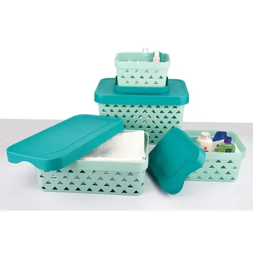 Asian Multi Star Rectangular Basket With Lid - Pastel Blue