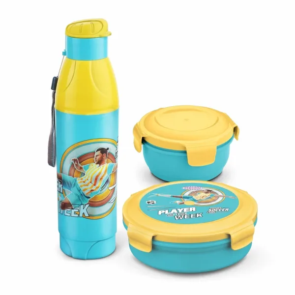 Asian Little Champions Set Lunch Box & Bottle (Yellow & Blue) - Set Of 3
