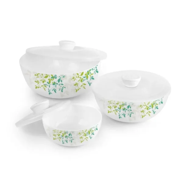 Cello Opalware Green Orchard Mixing Bowls With Lid (White) - Set Of 3