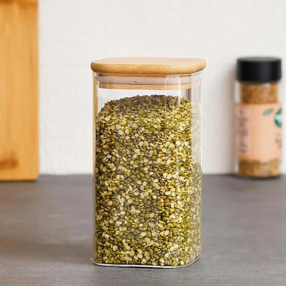 Femora Glassware Square Storage Jar With Wooden Lid