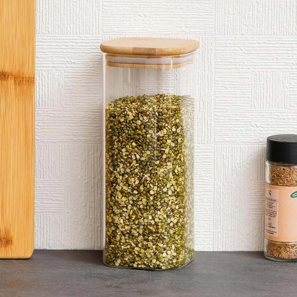 Femora Glassware Square Storage Jar With Wooden Lid - 1 L