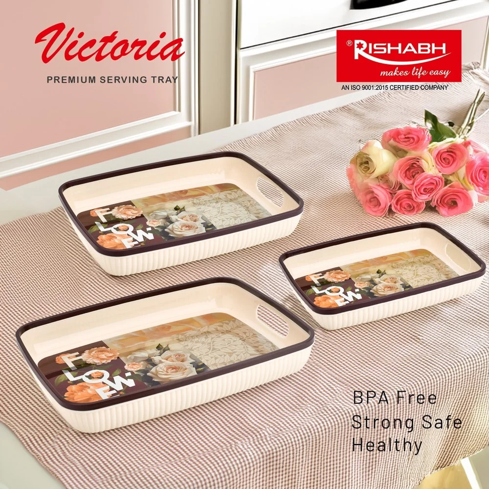 Rishabh Victoria Premium Serving Tray Set (White & Brown) - Set Of 3