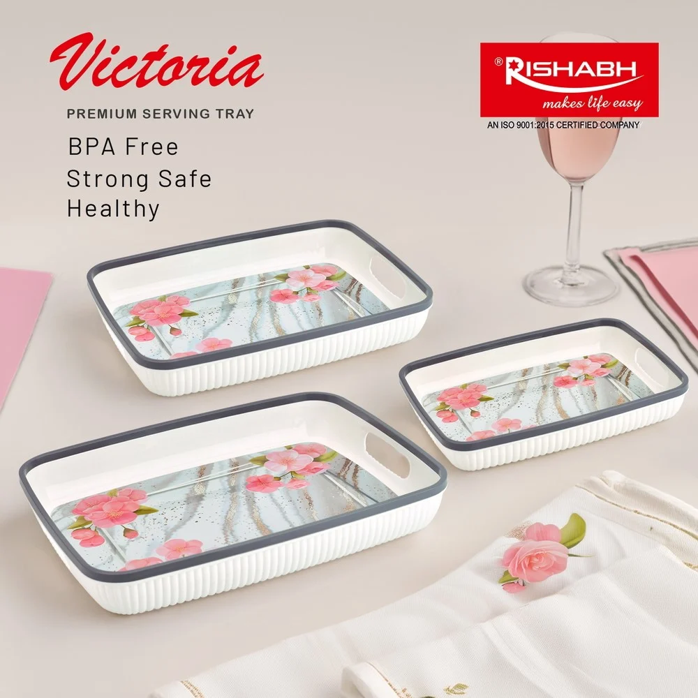Rishabh Victoria Premium Serving Tray Set (White & Pink) - Set Of 3
