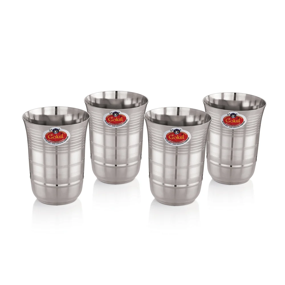 Gokul Stainless Steel Damru Glass Set (300 ml) - Set Of 4