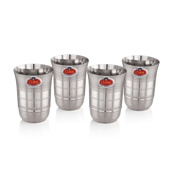 Gokul Stainless Steel Damru Glass Set (300 ml) - Set Of 4