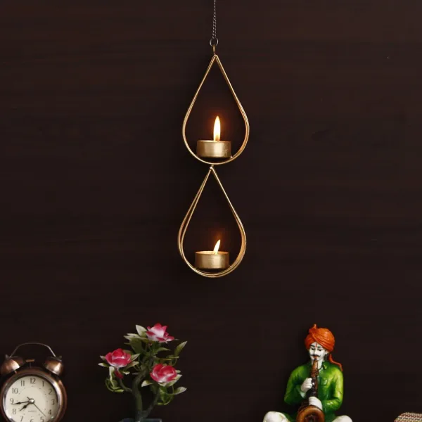Ecraftindia Metal Hanging Tea Light Candle Holder - Golden
